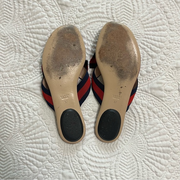 GUCCI Web Star Sandal Flip Flop Patriotic Gold Star Red Blue Bow Flat Size 37 - Picture 8 of 8